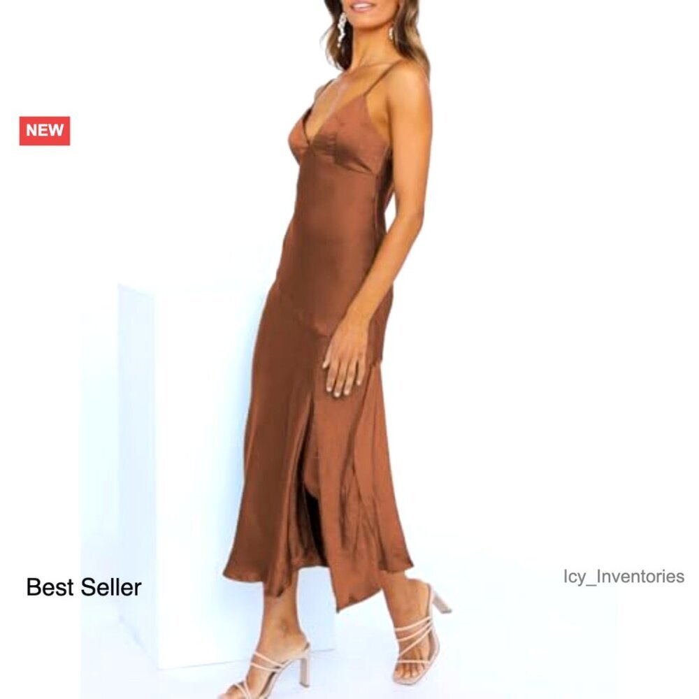 Satin Slip Midi Dress Elegant Wedding Guest Sexy Spaghetti Strap Backless - Picture 4 of 6